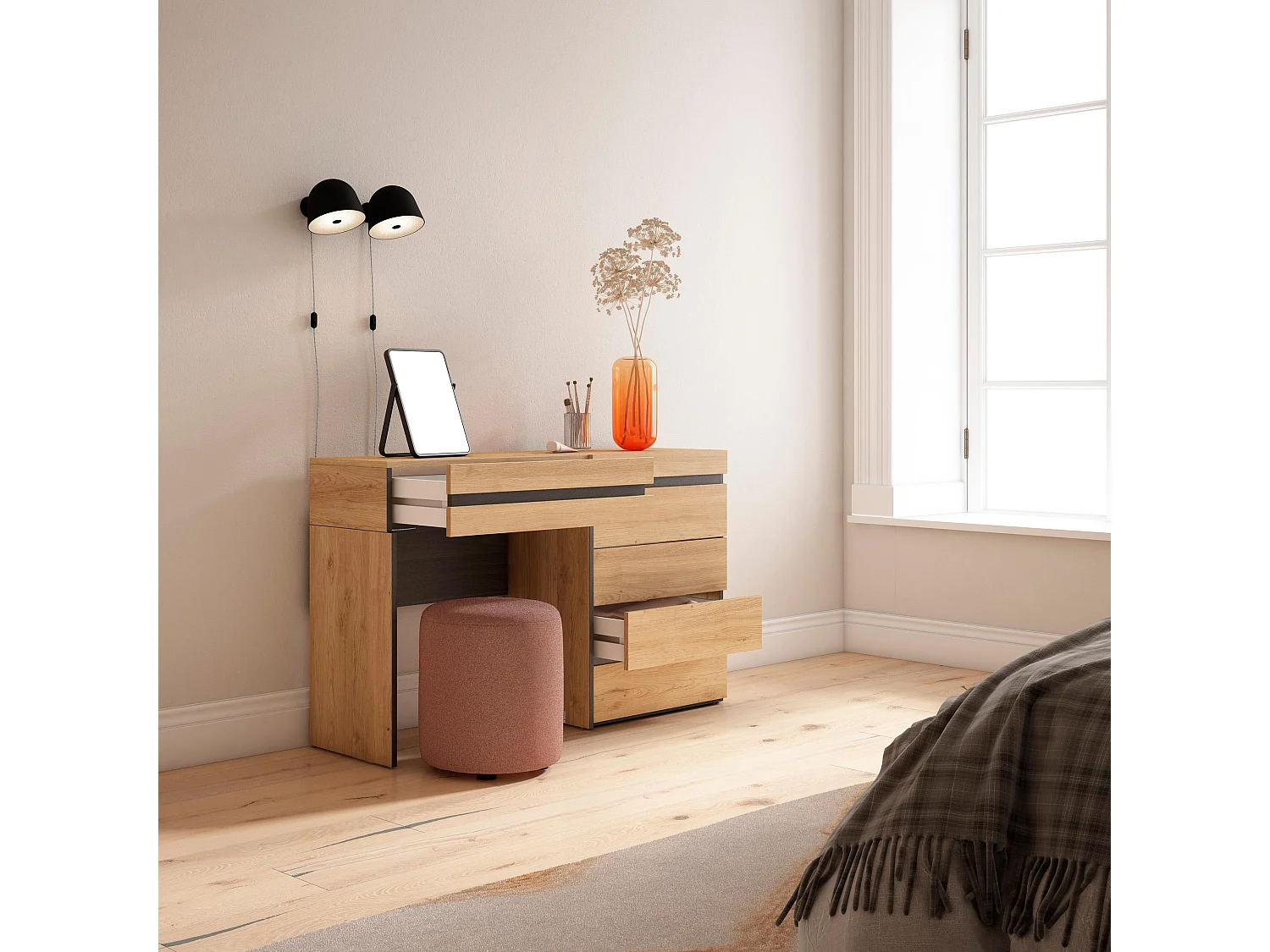 Coiffeuse, 127x35x75cm, avec tiroir, Commode, Buffet, Chêne
