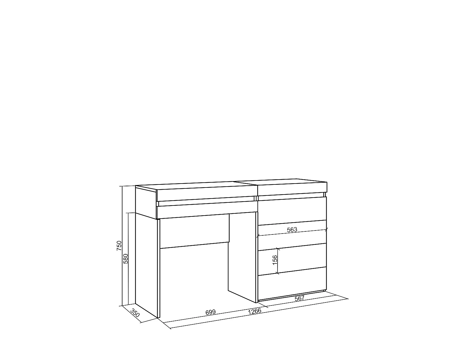 Coiffeuse, 127x35x75cm, avec tiroir, Commode, Buffet, Chêne