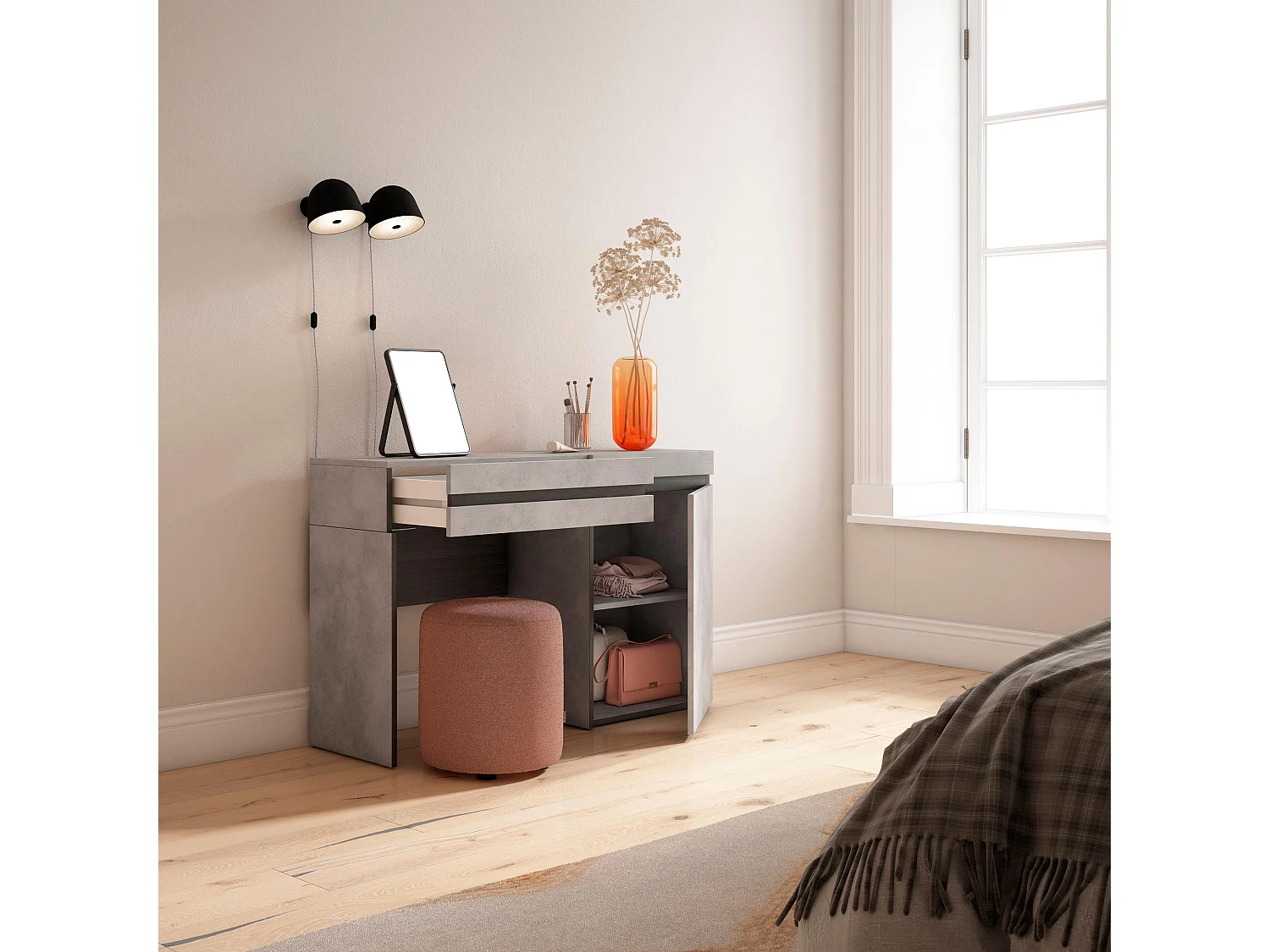 Coiffeuse, 121x35x75 cm, Avec tiroir, Chambre à coucher, Ciment