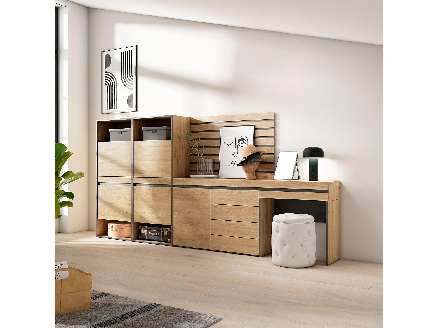Meuble à Chaussures, 297x35x145cm, Chambre à coucher, pièce, Commode, Buffet, Panneaux Muraux en Bois, Coiffeuse, Chêne