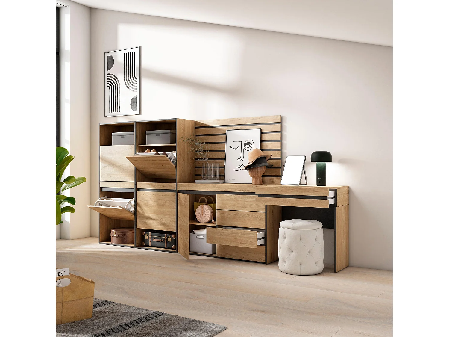 Meuble à Chaussures, 297x35x145cm, Chambre à coucher, pièce, Commode, Buffet, Panneaux Muraux en Bois, Coiffeuse, Chêne