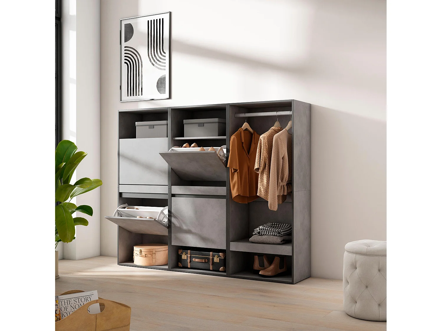 Meuble à Chaussures, 180x35x145 cm, Chambre à coucher, pièce, Vestiaire ouvert, Ciment