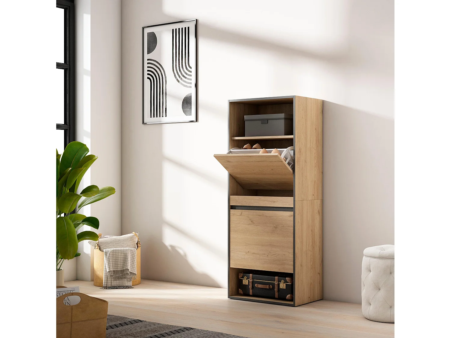 Zapatero, 60x35x145cm, Dormitorio, habitación, Mueble auxiliar, Roble