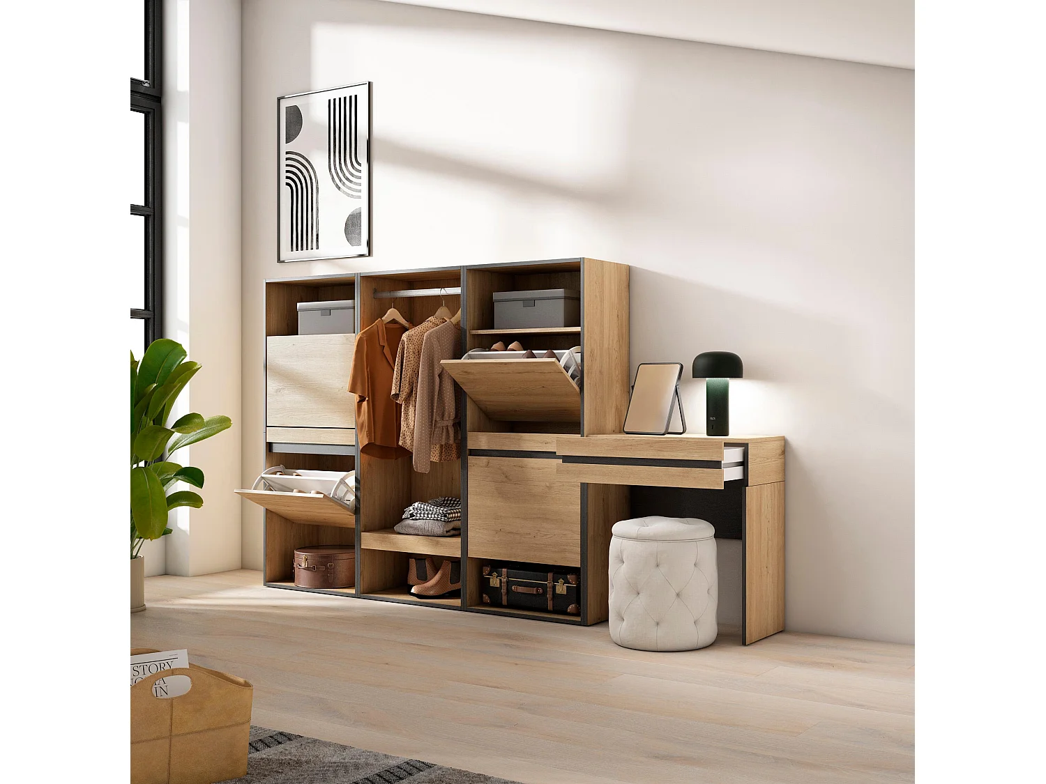 Scarpiera, 250x35x145cm, Camera da letto, stanza, Armadio Aperto, Tavolo da toeletta, Rovere