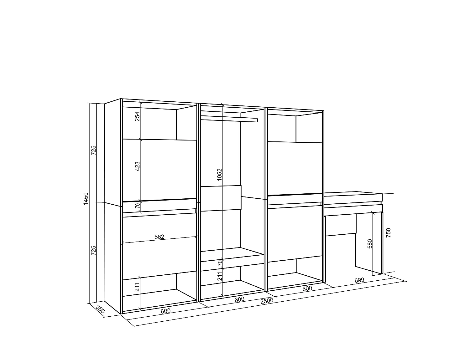 Scarpiera, 250x35x145cm, Camera da letto, stanza, Armadio Aperto, Tavolo da toeletta, Rovere