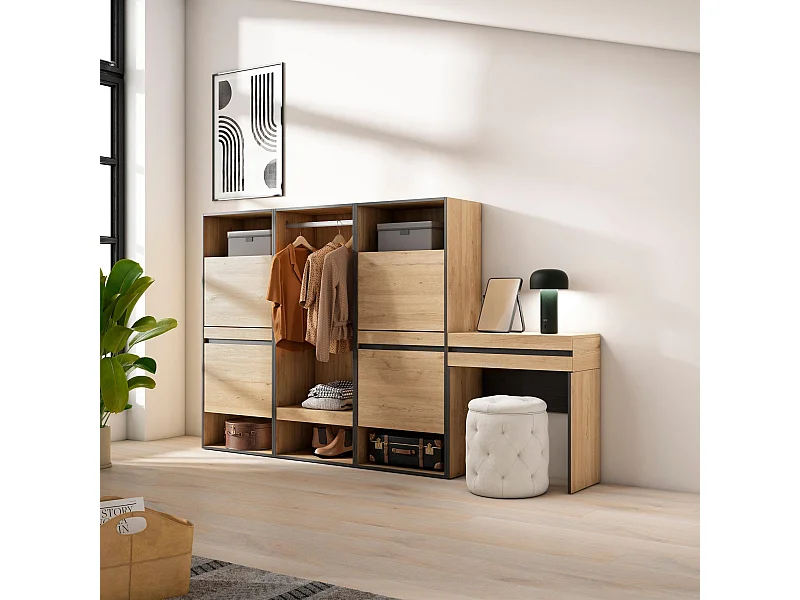 Schoenenkast, 250x35x145cm, Voor slaapkamer, kamer, Open Kledingkast, Kaptafel, Make-uptafel, Eiken