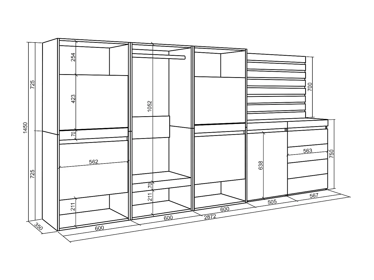 Meuble à Chaussures, 287x35x145 cm, Chambre à coucher, pièce, Vestiaire ouvert, Commode, Buffet, Panneaux Muraux en Bois, Chêne