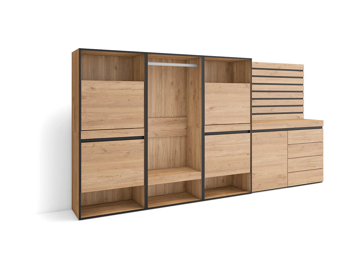 Schoenenkast, 287x35x145cm, Voor slaapkamer, kamer, Open Kledingkast, Ladekast, Commode, Lamellenwand Hout, Eiken