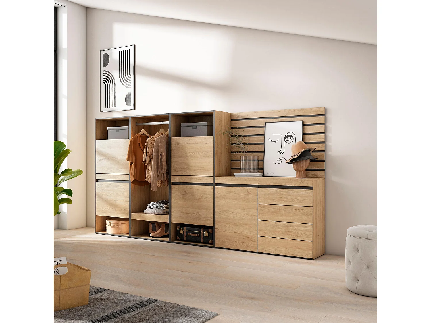 Meuble à Chaussures, 287x35x145 cm, Chambre à coucher, pièce, Vestiaire ouvert, Commode, Buffet, Panneaux Muraux en Bois, Chêne