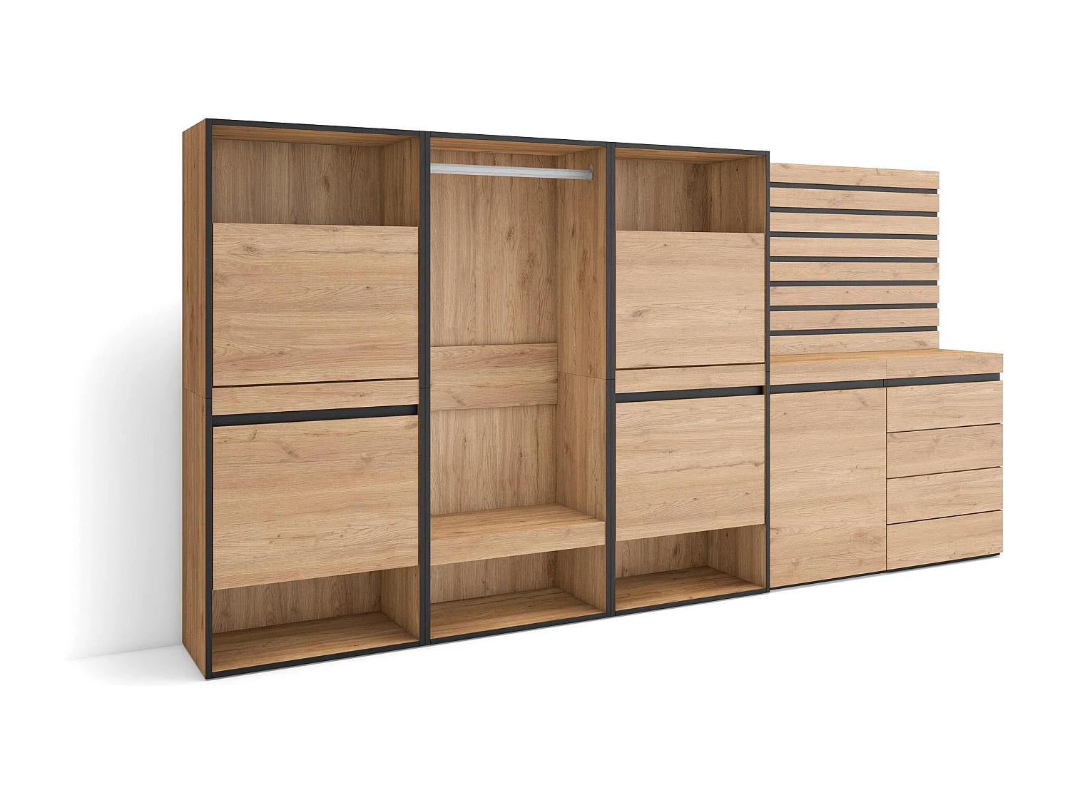 Sapateira, 287x35x145cm, Para quarto, dormitório, Roupeiro aberto, Cómoda, Tiras Deco. Madeira, Carvalho