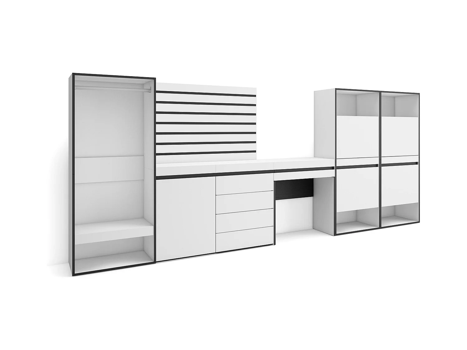 Sapateira, 335x57x145cm, Para quarto, dormitório, Roupeiro aberto, Cómoda, Tiras Deco. Madeira, Toucador, Branco