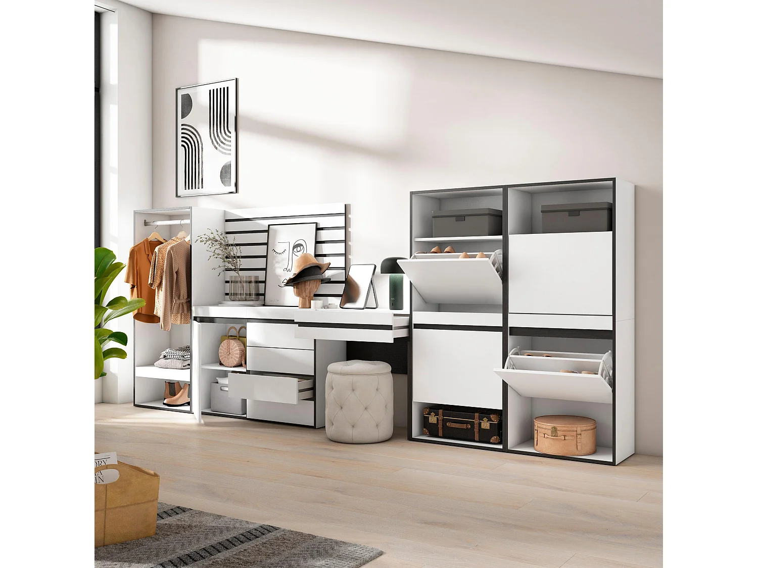 Meuble à Chaussures, 335x57x145 cm, Chambre à coucher, pièce, Vestiaire ouvert, Commode, Buffet, Panneaux Muraux en Bois, Coiffeuse, Blanc