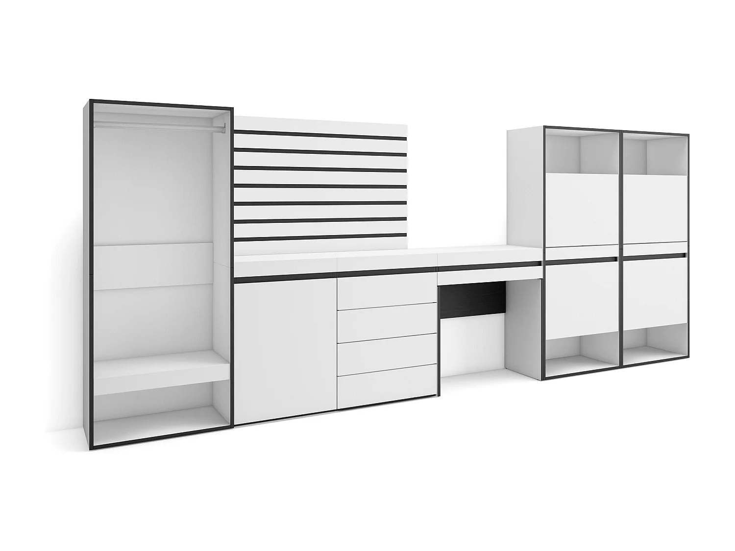 Scarpiera, 335x57x145cm, Camera da letto, stanza, Armadio Aperto, Cassettiera, Pannelli Decorativi, Tavolo da toeletta, Bianco