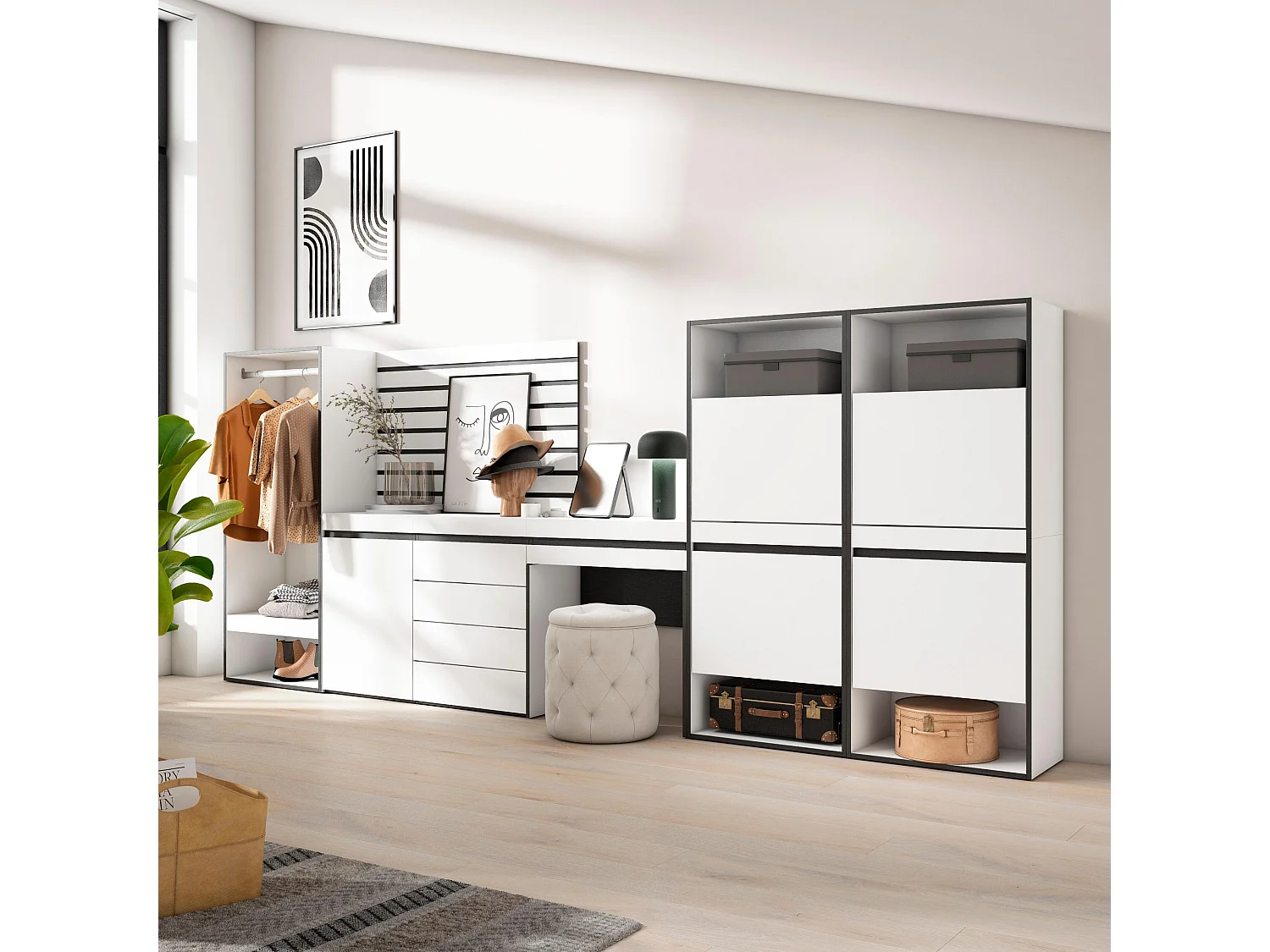 Scarpiera, 335x57x145cm, Camera da letto, stanza, Armadio Aperto, Cassettiera, Pannelli Decorativi, Tavolo da toeletta, Bianco