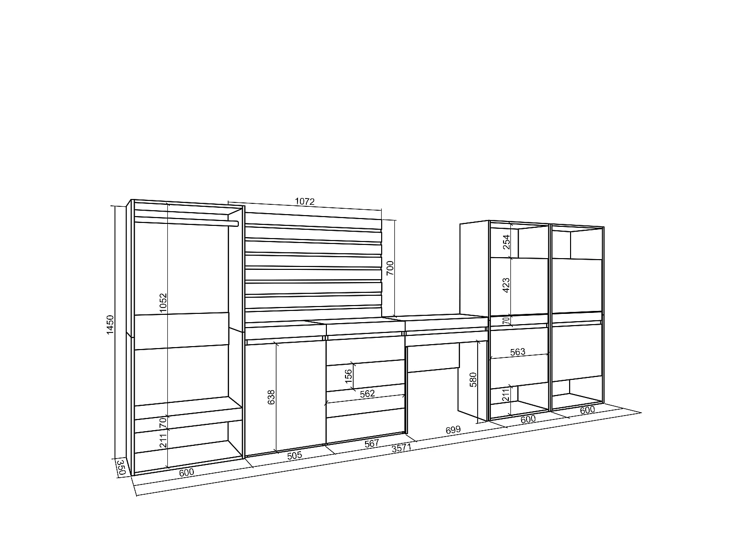 Scarpiera, 335x57x145cm, Camera da letto, stanza, Armadio Aperto, Cassettiera, Pannelli Decorativi, Tavolo da toeletta, Bianco