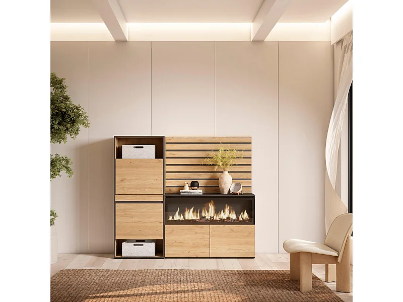 Schuhregal, Schuhschrank, 167x35x145cm, Für Schlafzimmer, Elektrokamin XXL, Lamellenwand Holz, Eiche