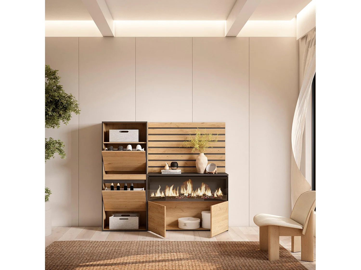 Zapatero, 167x35x145cm, Dormitorio, habitación, Chimenea eléctrica XXL, Listones Decorativos, Roble