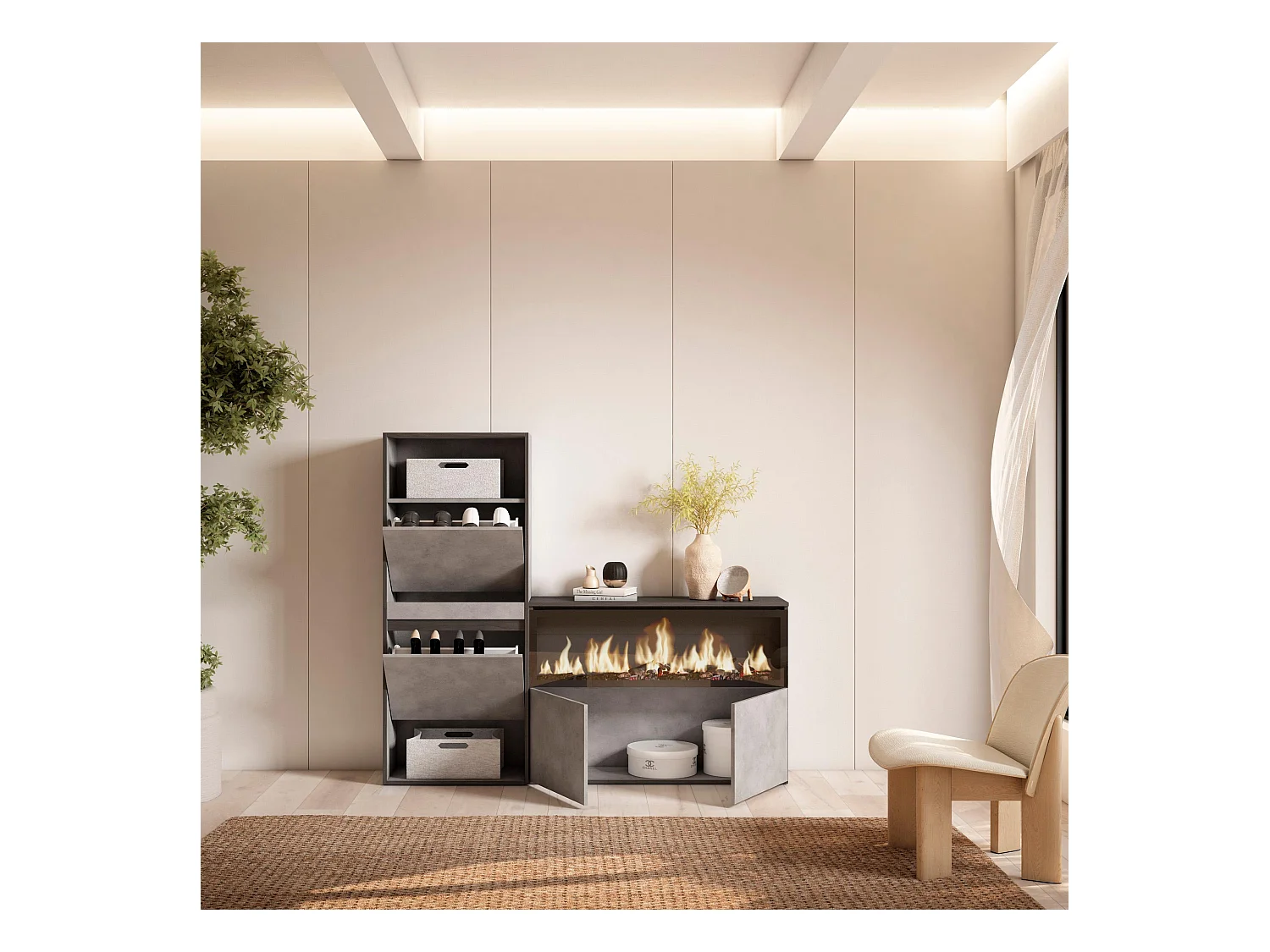 Meuble à Chaussures, 167x35x145 cm, Chambre à coucher, pièce, Cheminée électrique XXL, Ciment