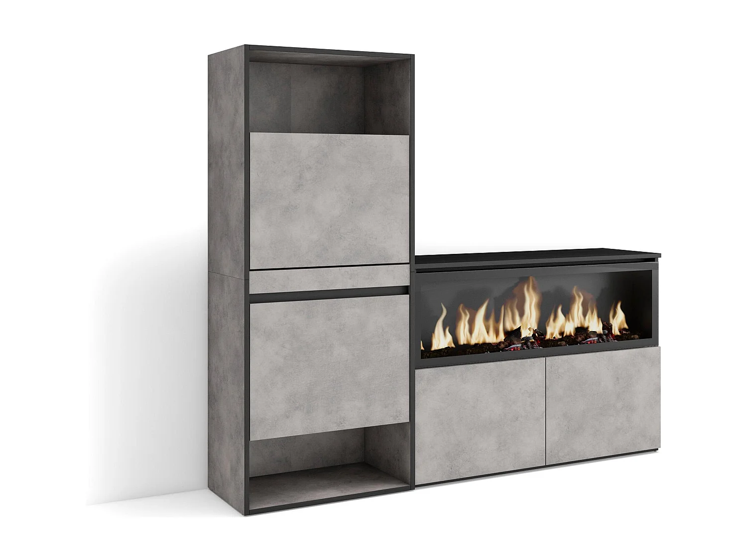 Meuble à Chaussures, 167x35x145 cm, Chambre à coucher, pièce, Cheminée électrique XXL, Ciment