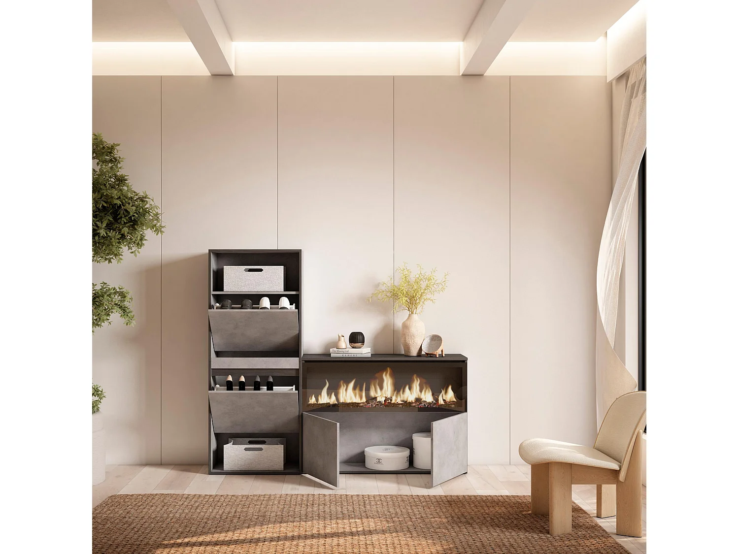 Meuble à Chaussures, 167x35x145 cm, Chambre à coucher, pièce, Cheminée électrique XXL, Ciment