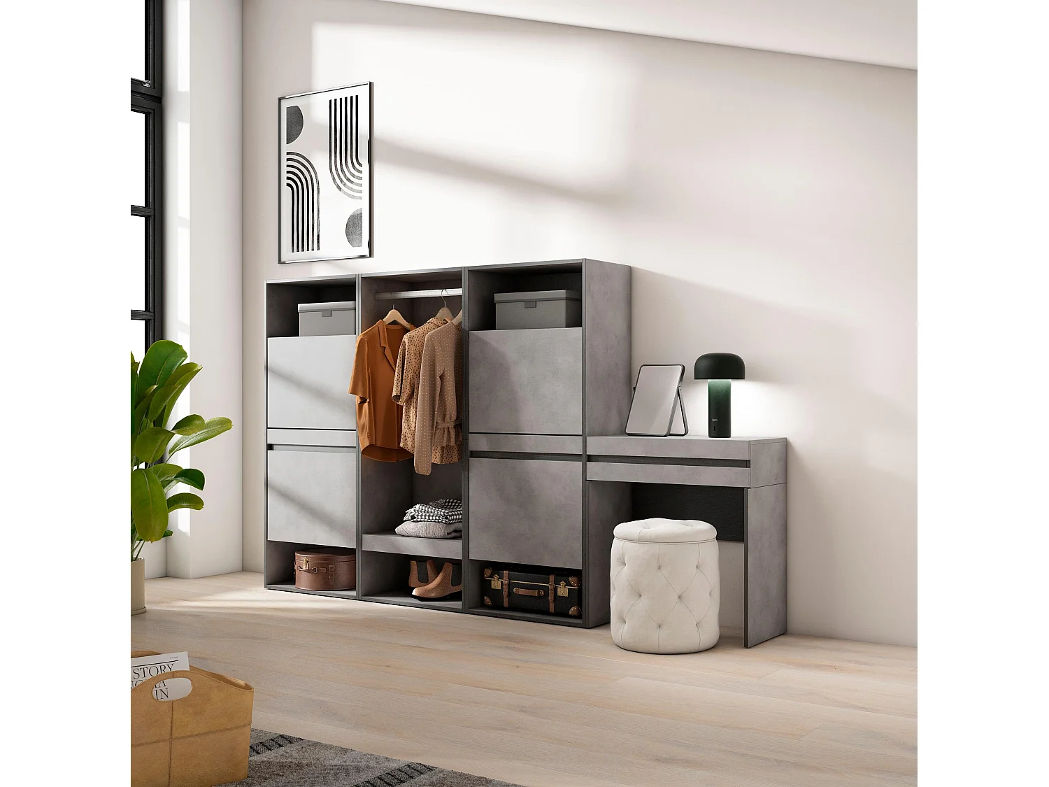 Schuhregal, Schuhschrank, 250x35x145cm, Für Schlafzimmer, Offener Kleiderschrank, Schminktisch, Zement