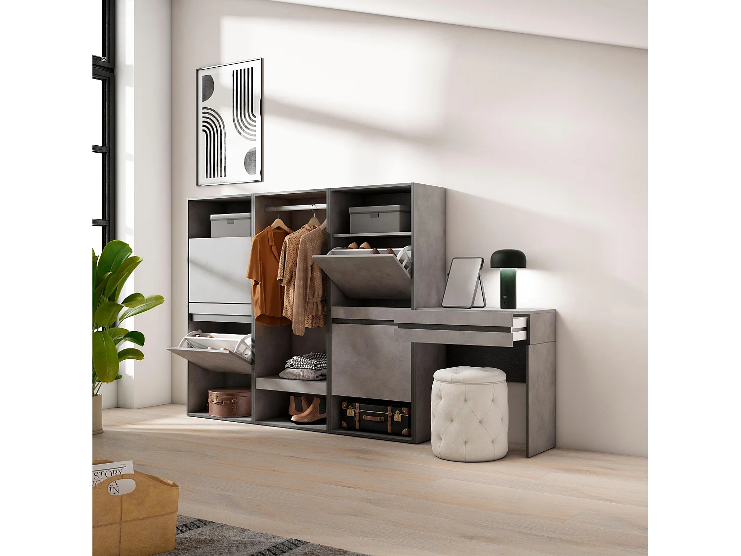 Meuble à Chaussures, 250x35x145 cm, Chambre à coucher, pièce, Vestiaire ouvert, Coiffeuse, Ciment