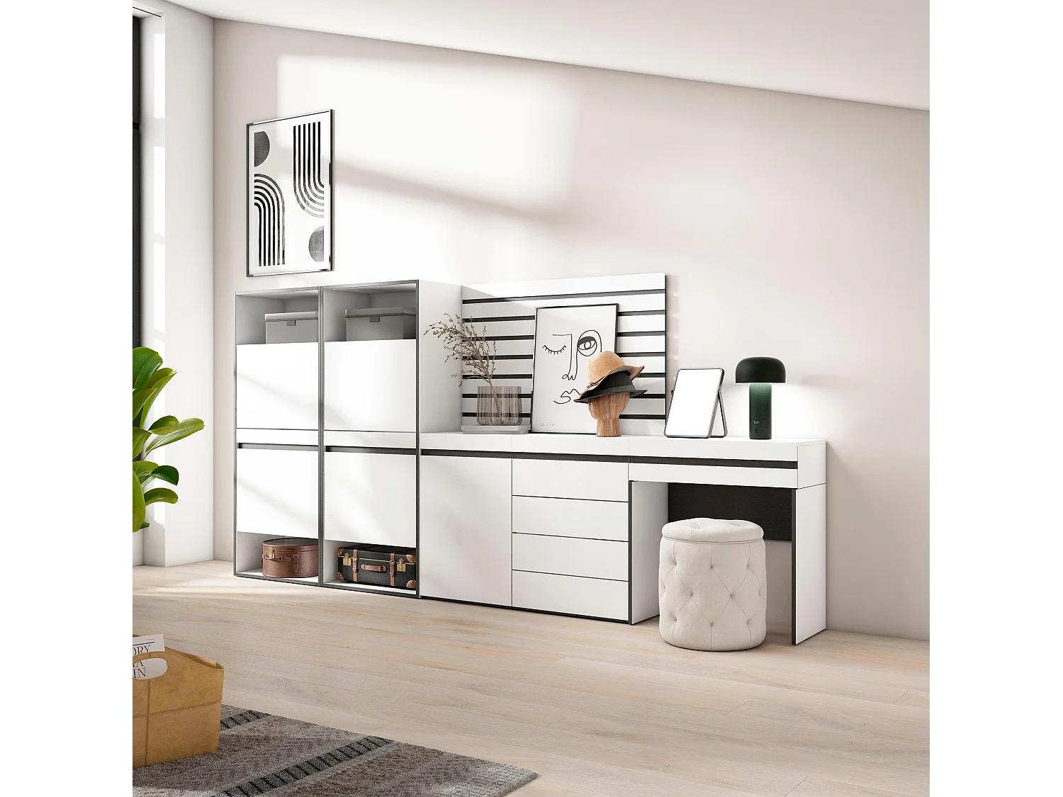 Meuble à Chaussures, 297x35x145cm, Chambre à coucher, pièce, Commode, Buffet, Panneaux Muraux en Bois, Coiffeuse, Blanc