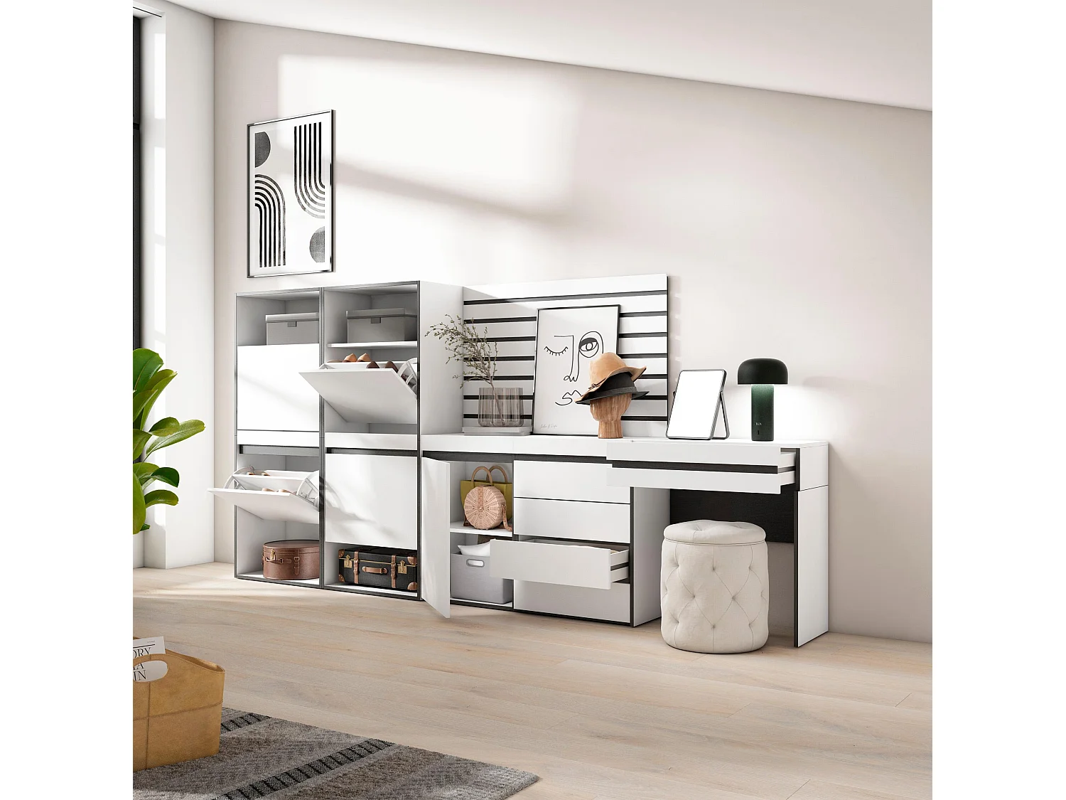 Meuble à Chaussures, 297x35x145cm, Chambre à coucher, pièce, Commode, Buffet, Panneaux Muraux en Bois, Coiffeuse, Blanc