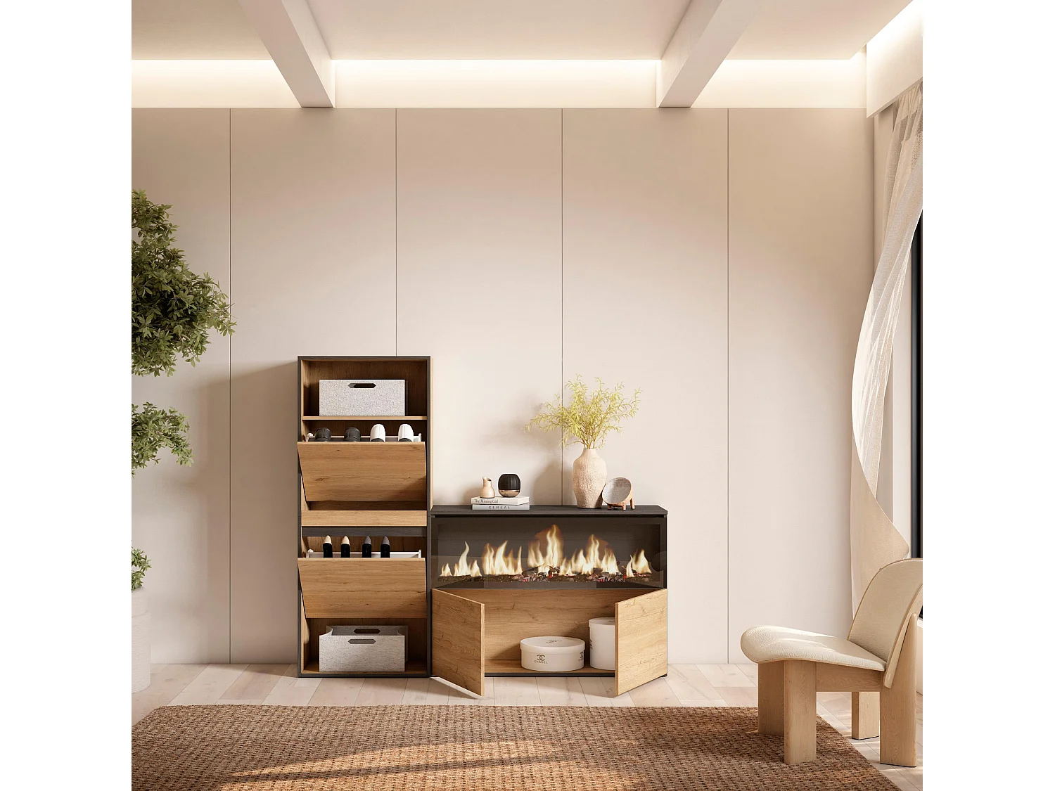 Meuble à Chaussures, 167x35x145 cm, Chambre à coucher, pièce, Cheminée électrique XXL, Chêne