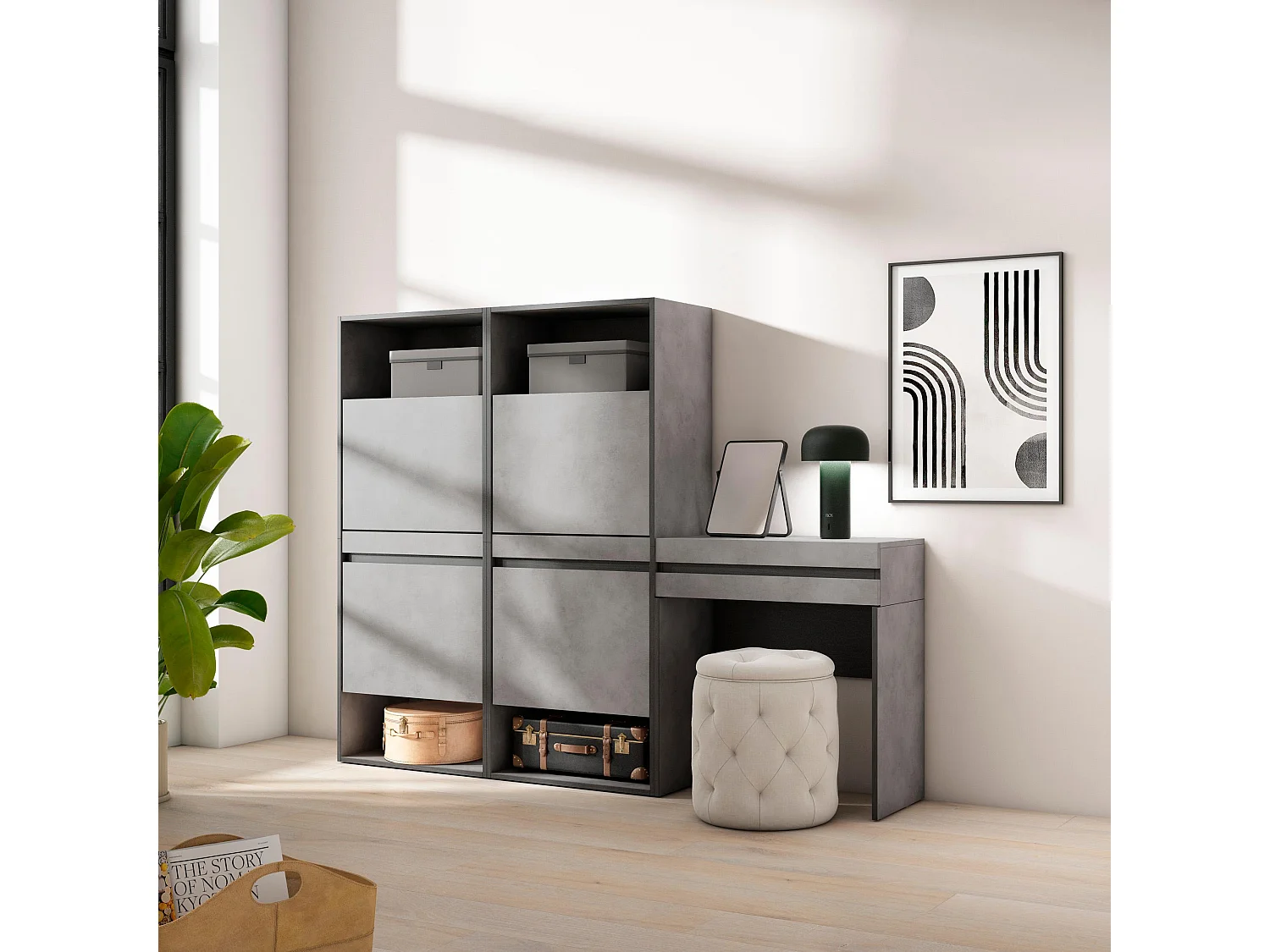 Schoenenkast, 190x35x145cm, Voor slaapkamer, kamer, Kaptafel, Make-uptafel, Cement