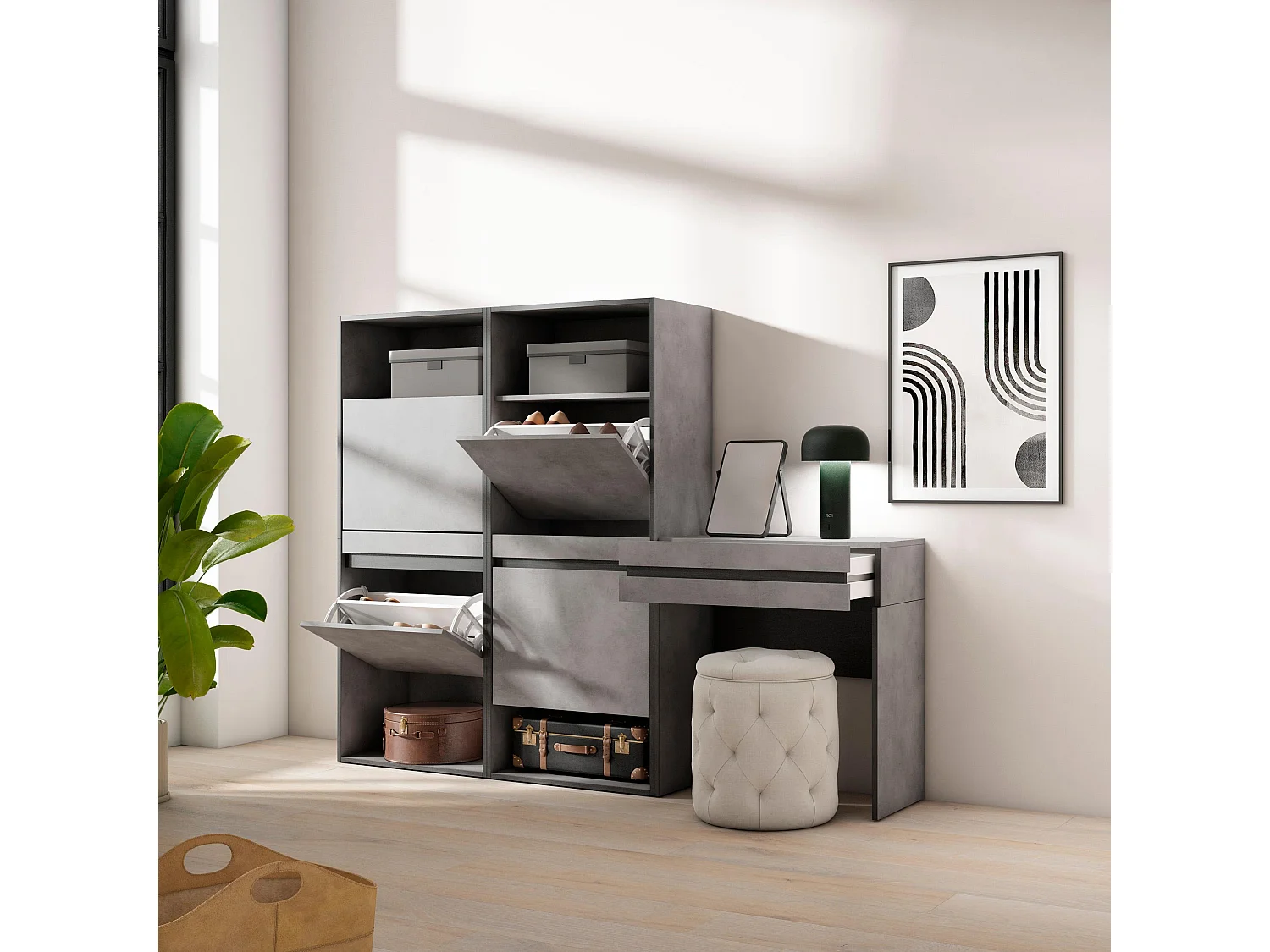 Schoenenkast, 190x35x145cm, Voor slaapkamer, kamer, Kaptafel, Make-uptafel, Cement