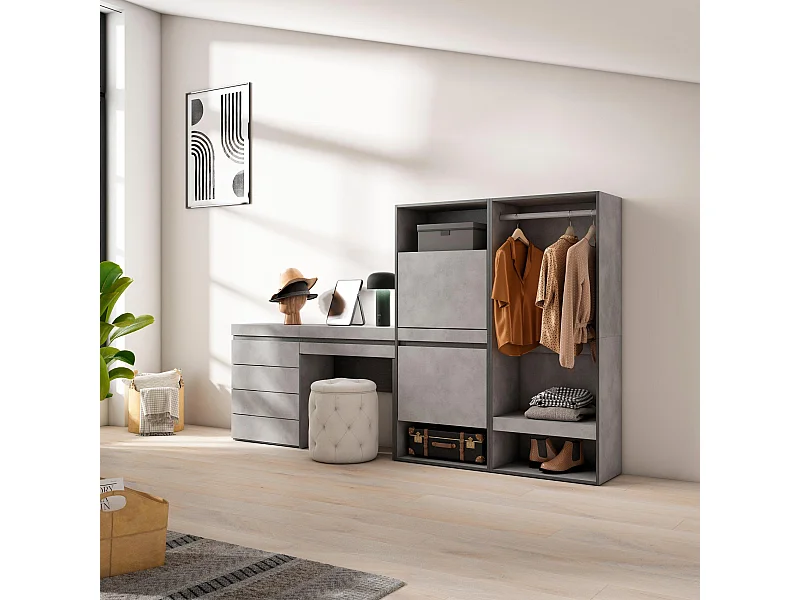 Schuhregal, Schuhschrank, 247x35x145cm, Für Schlafzimmer, Offener Kleiderschrank, Kommode mit Schubladen, Schminktisch, Zement