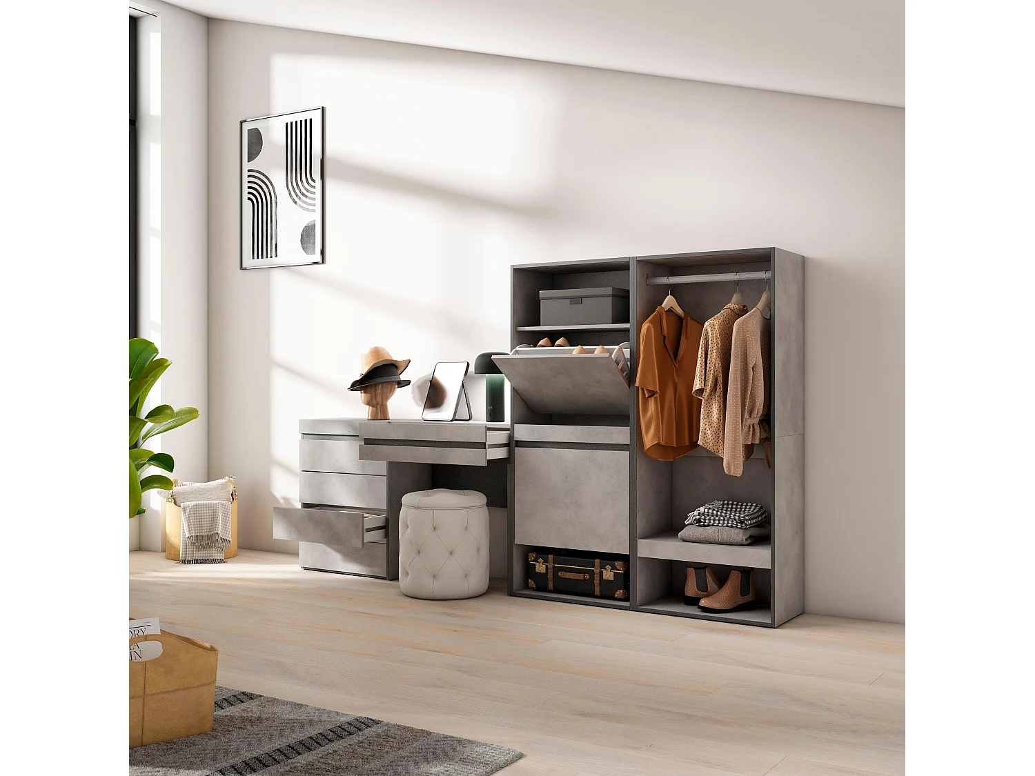 Meuble à Chaussures, 247x35x145 cm, Chambre à coucher, pièce, Vestiaire ouvert, Commode, Buffet, Coiffeuse, Ciment