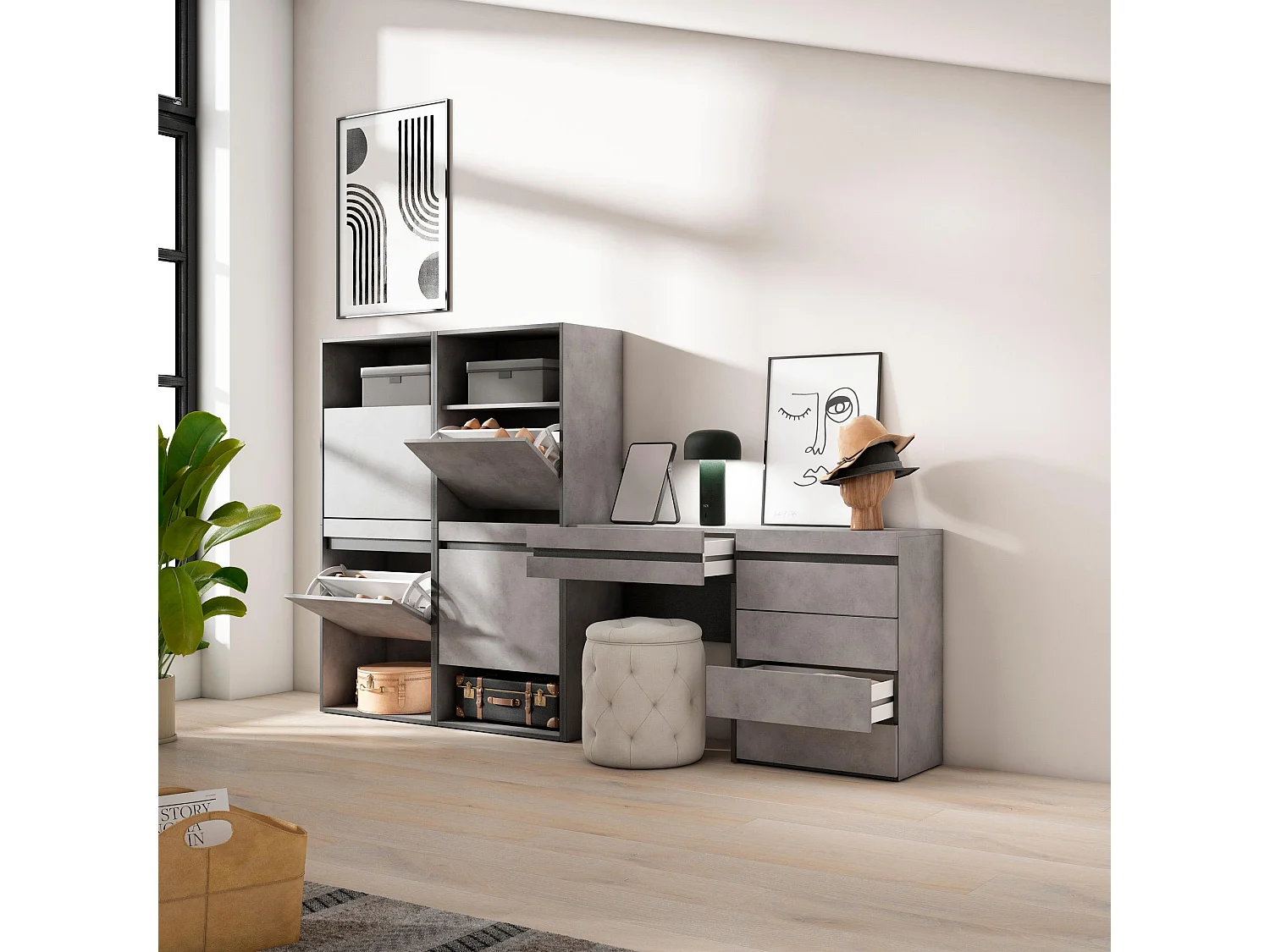 Schuhregal, Schuhschrank, 247x35x145cm, Für Schlafzimmer, Kommode mit Schubladen, Schminktisch, Zement