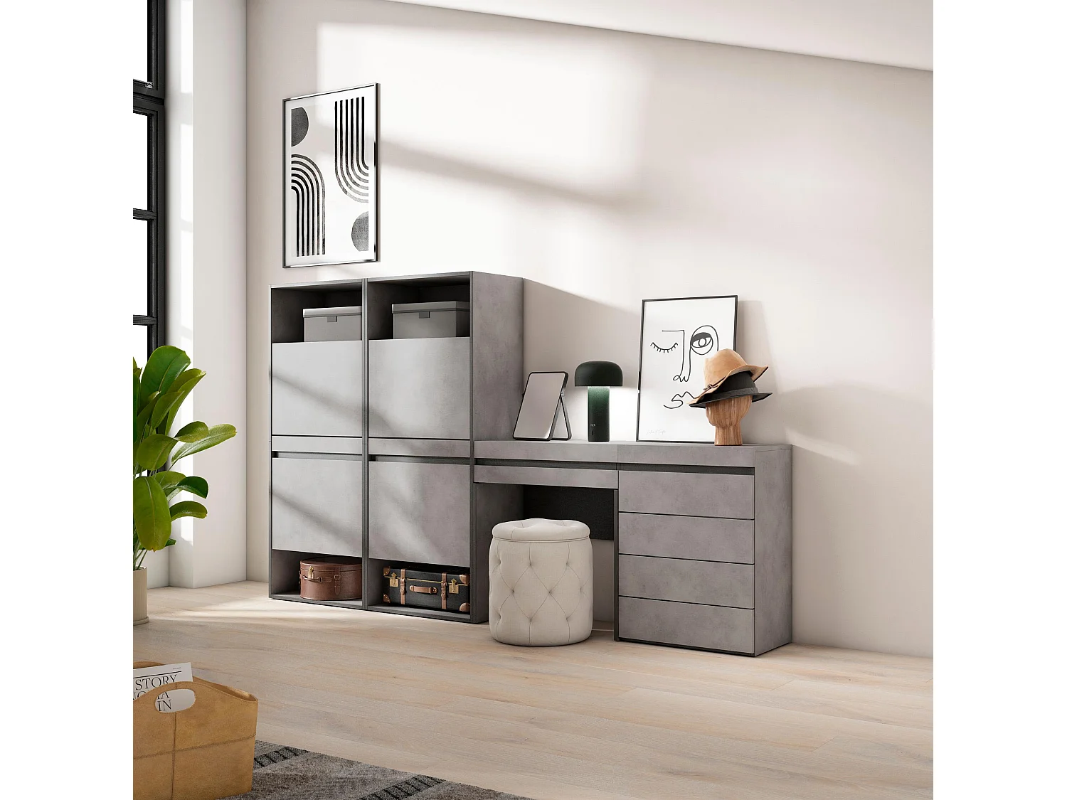 Meuble à Chaussures, 247x35x145cm, Chambre à coucher, pièce, Commode, Buffet, Coiffeuse, Ciment