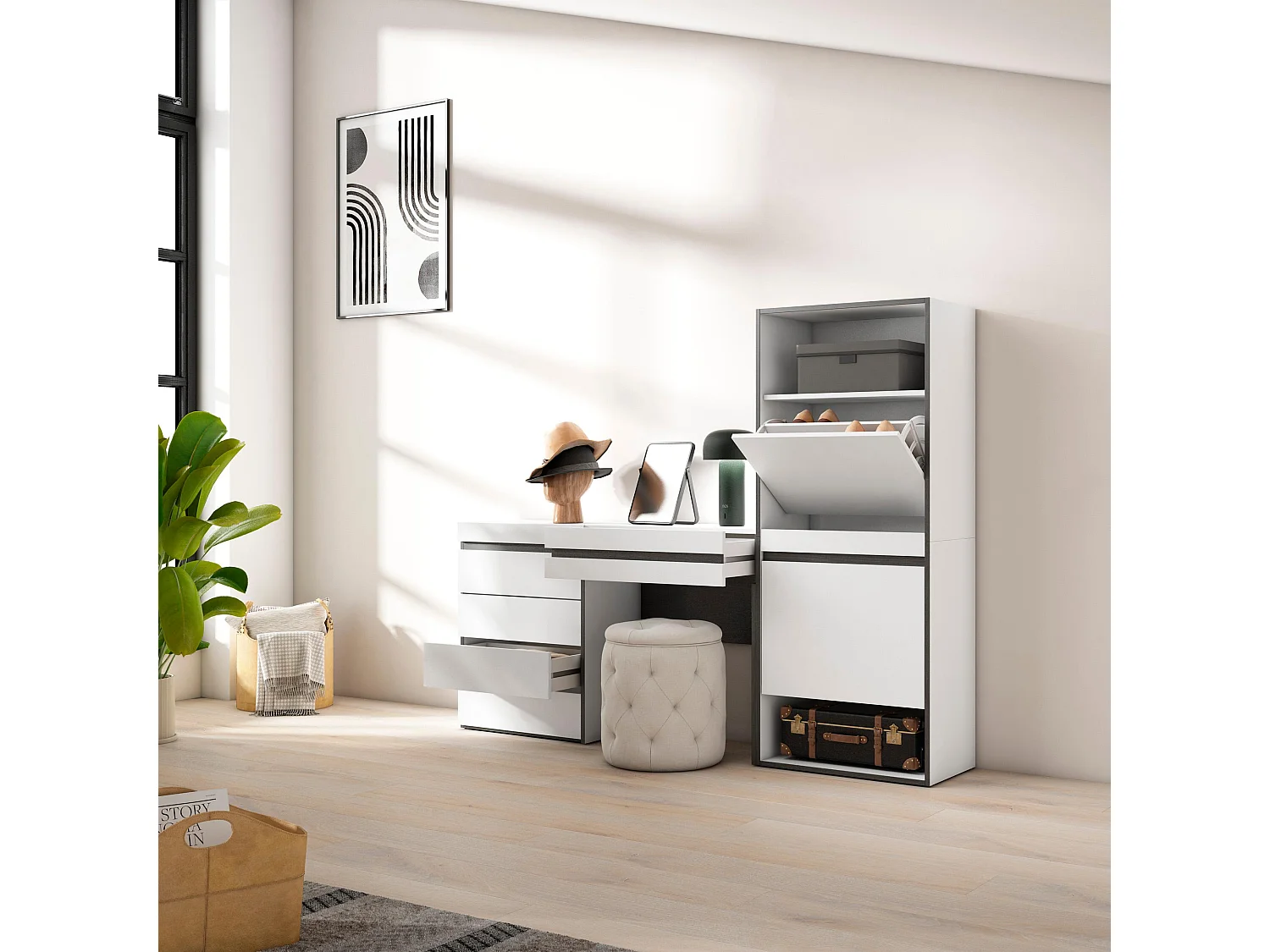 Meuble à Chaussures, 187x35x145 cm, Chambre à coucher, pièce, Commode, Buffet, Coiffeuse, Blanc