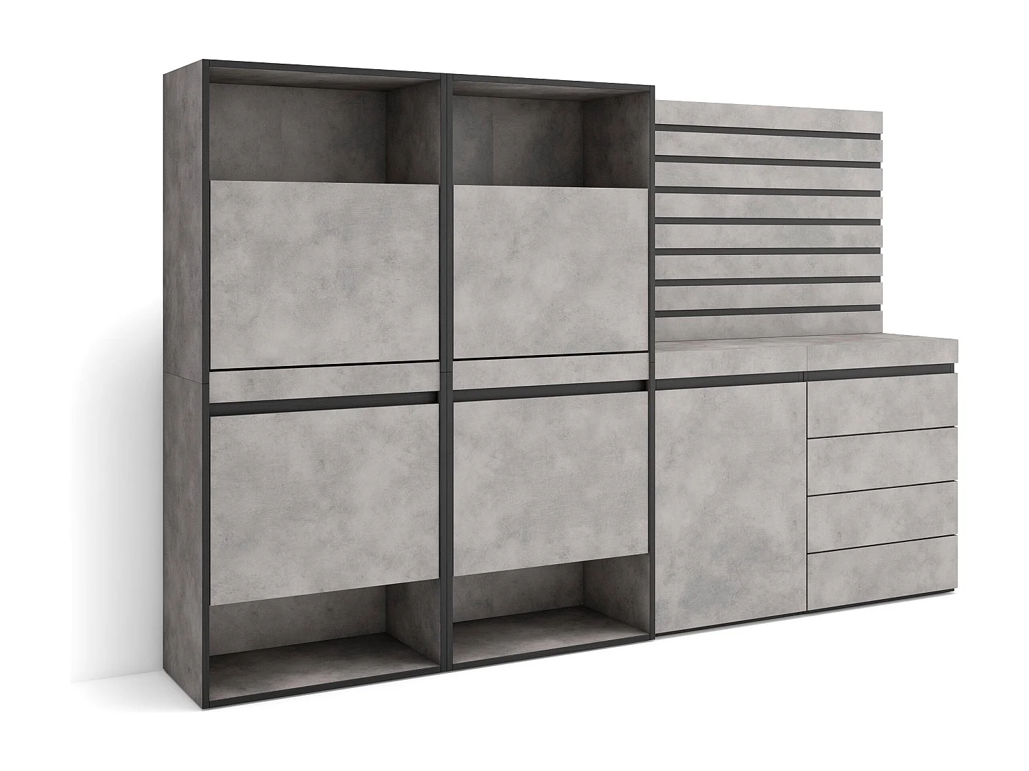 Schuhregal, Schuhschrank, 227x35x145cm, Für Schlafzimmer, Kommode mit Schubladen, Lamellenwand Holz, Zement