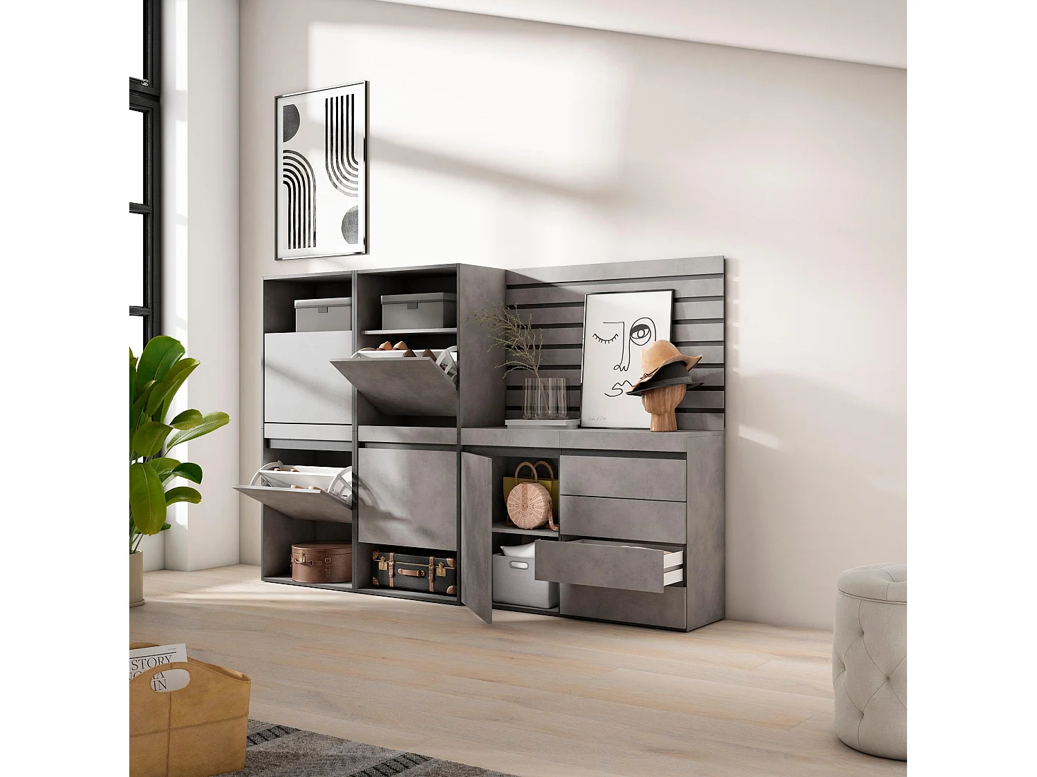 Schuhregal, Schuhschrank, 227x35x145cm, Für Schlafzimmer, Kommode mit Schubladen, Lamellenwand Holz, Zement