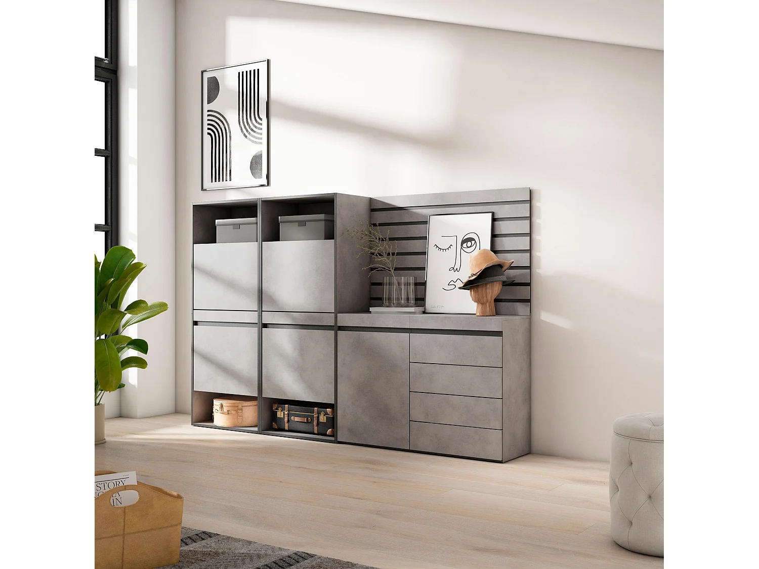 Meuble à Chaussures, 227x35x145cm, Chambre à coucher, pièce, Commode, Buffet, Panneaux Muraux en Bois, Ciment
