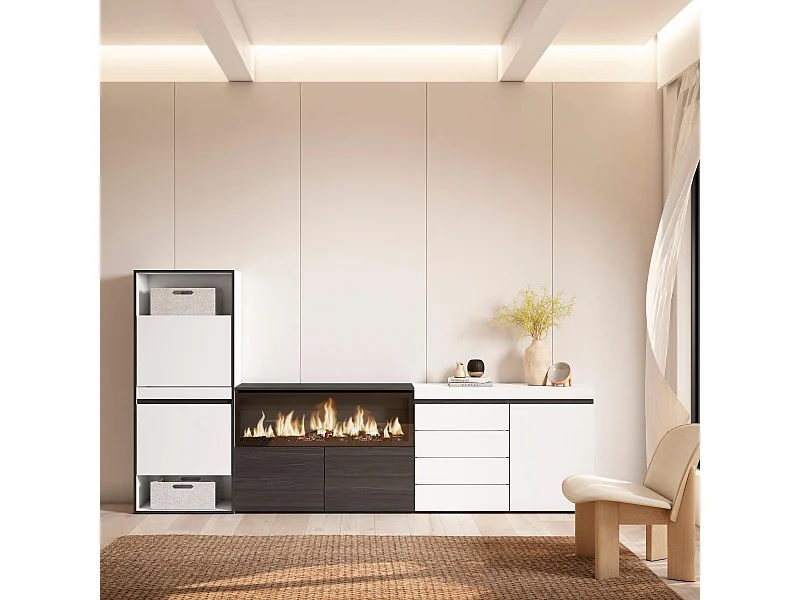 Sapateira, 274x35x145cm, Para quarto, dormitório, Lareira eléctrica XXL, Cómoda, Branco