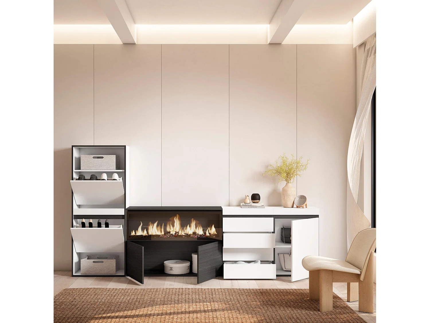 Meuble à Chaussures, 274x35x145 cm, Chambre à coucher, pièce, Cheminée électrique XXL, Commode, Buffet, Blanc