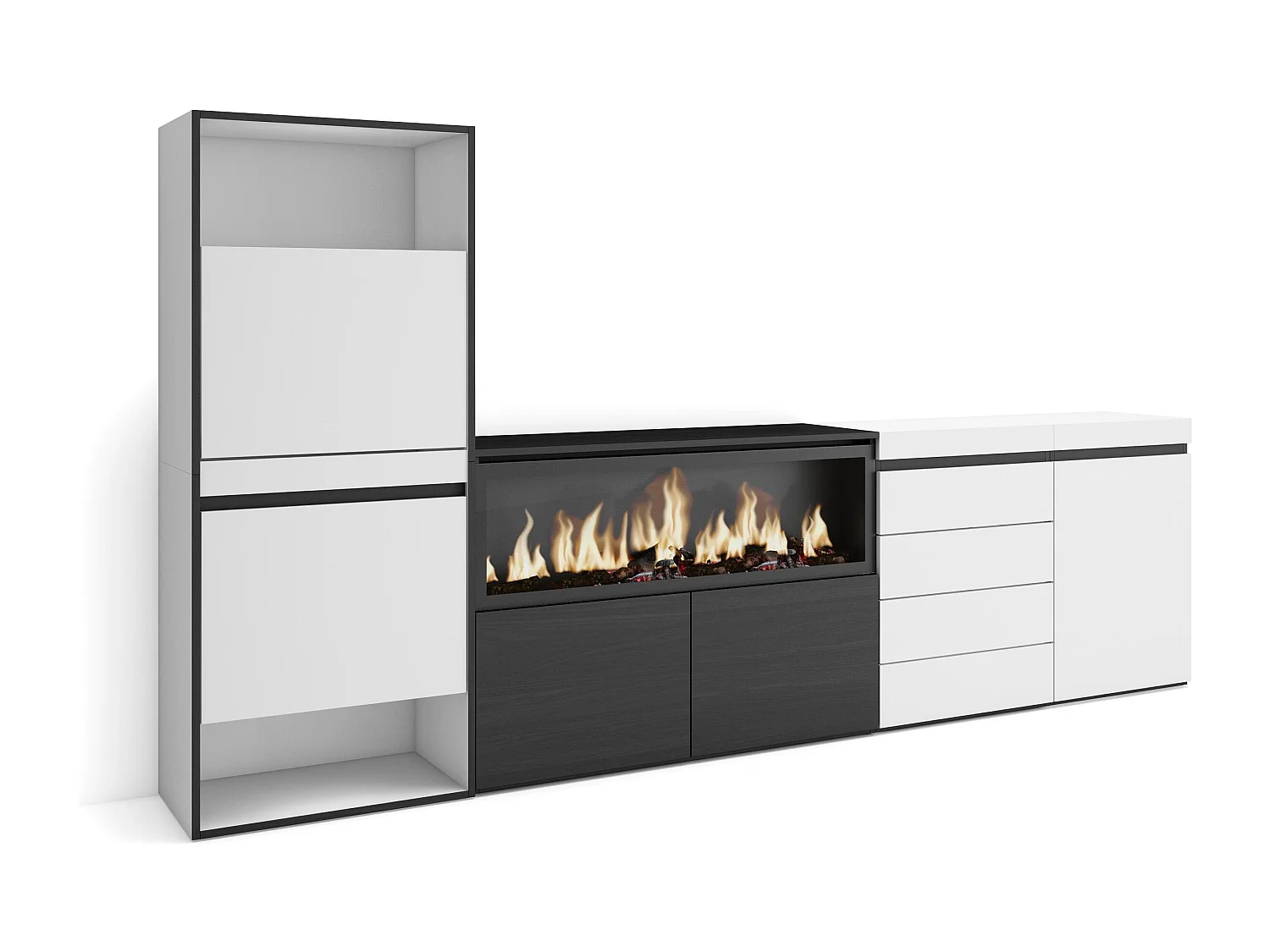 Meuble à Chaussures, 274x35x145 cm, Chambre à coucher, pièce, Cheminée électrique XXL, Commode, Buffet, Blanc