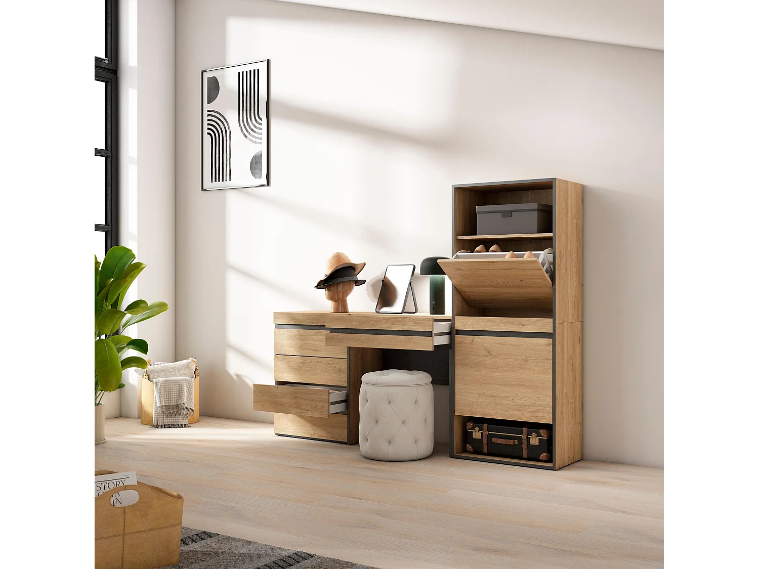 Meuble à Chaussures, 187x35x145 cm, Chambre à coucher, pièce, Commode, Buffet, Coiffeuse, Chêne