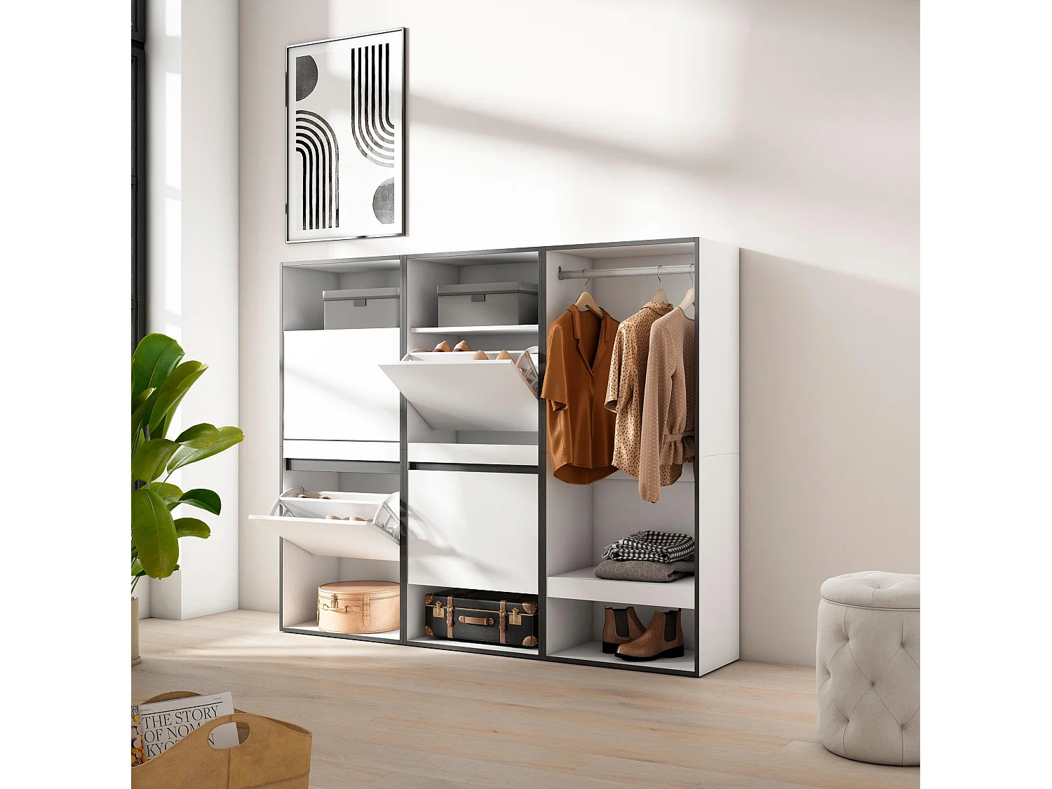 Meuble à Chaussures, 180x35x145cm, Chambre à coucher, pièce, Vestiaire ouvert, Blanc
