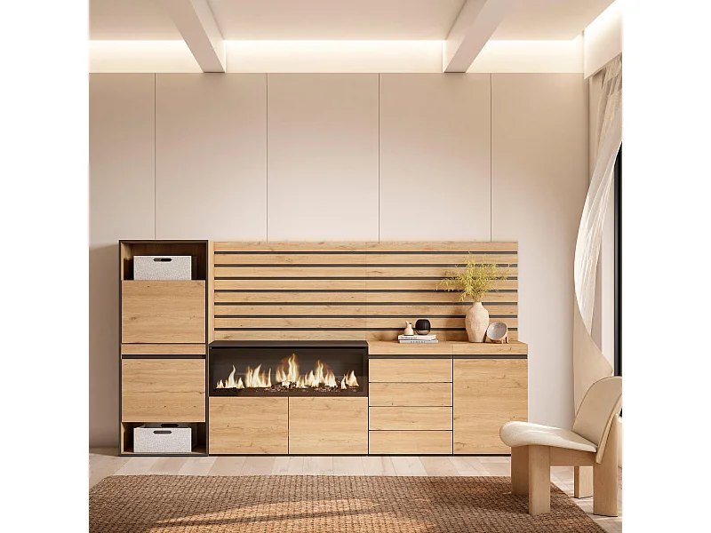 Meuble à Chaussures, 274x35x145 cm, Chambre à coucher, pièce, Cheminée électrique XXL, Commode, Buffet, Panneaux Muraux en Bois, Chêne