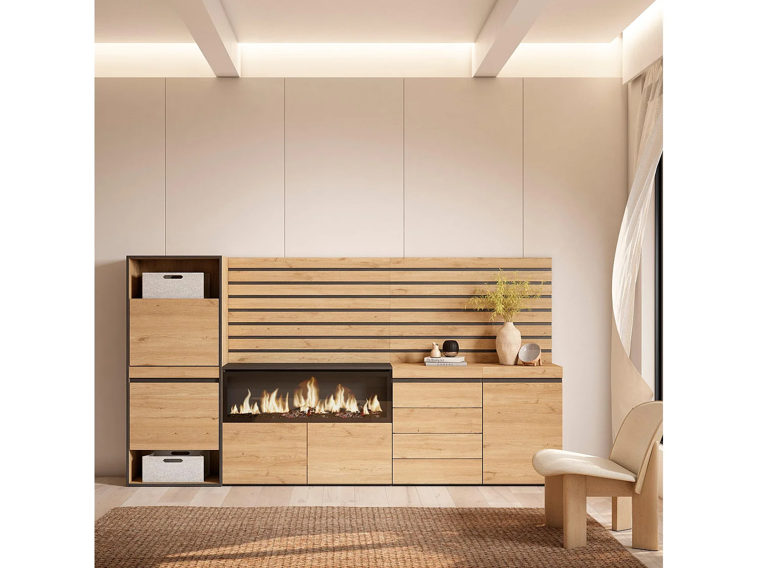 Meuble à Chaussures, 274x35x145 cm, Chambre à coucher, pièce, Cheminée électrique XXL, Commode, Buffet, Panneaux Muraux en Bois, Chêne