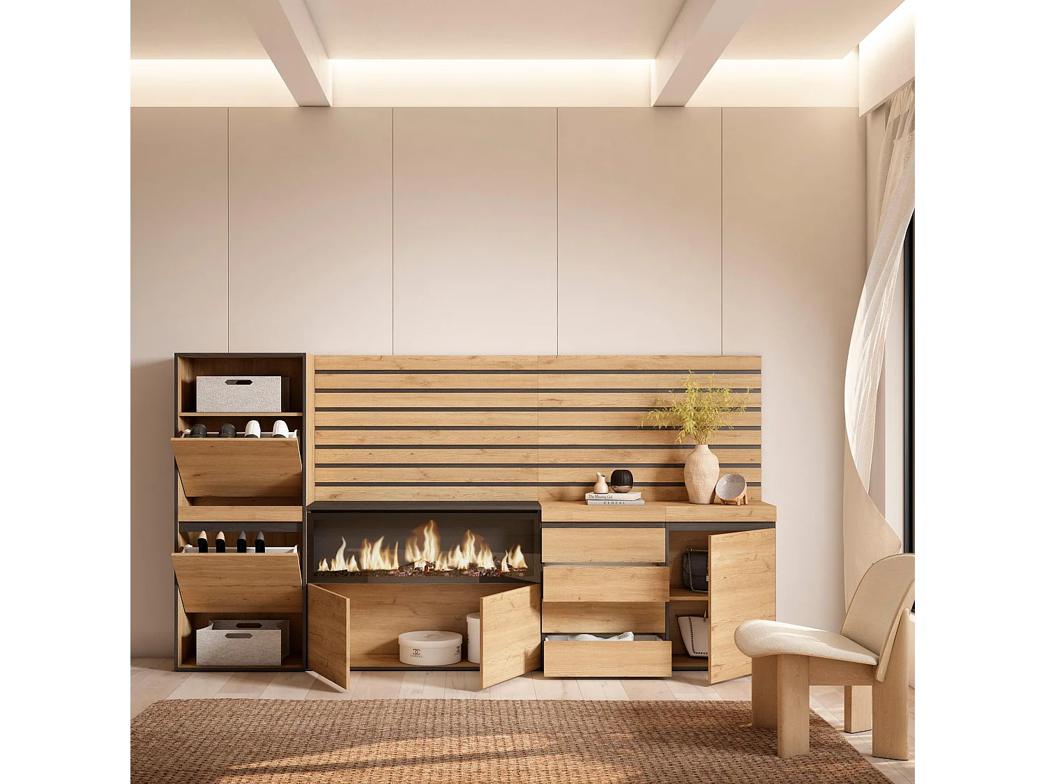 Meuble à Chaussures, 274x35x145 cm, Chambre à coucher, pièce, Cheminée électrique XXL, Commode, Buffet, Panneaux Muraux en Bois, Chêne