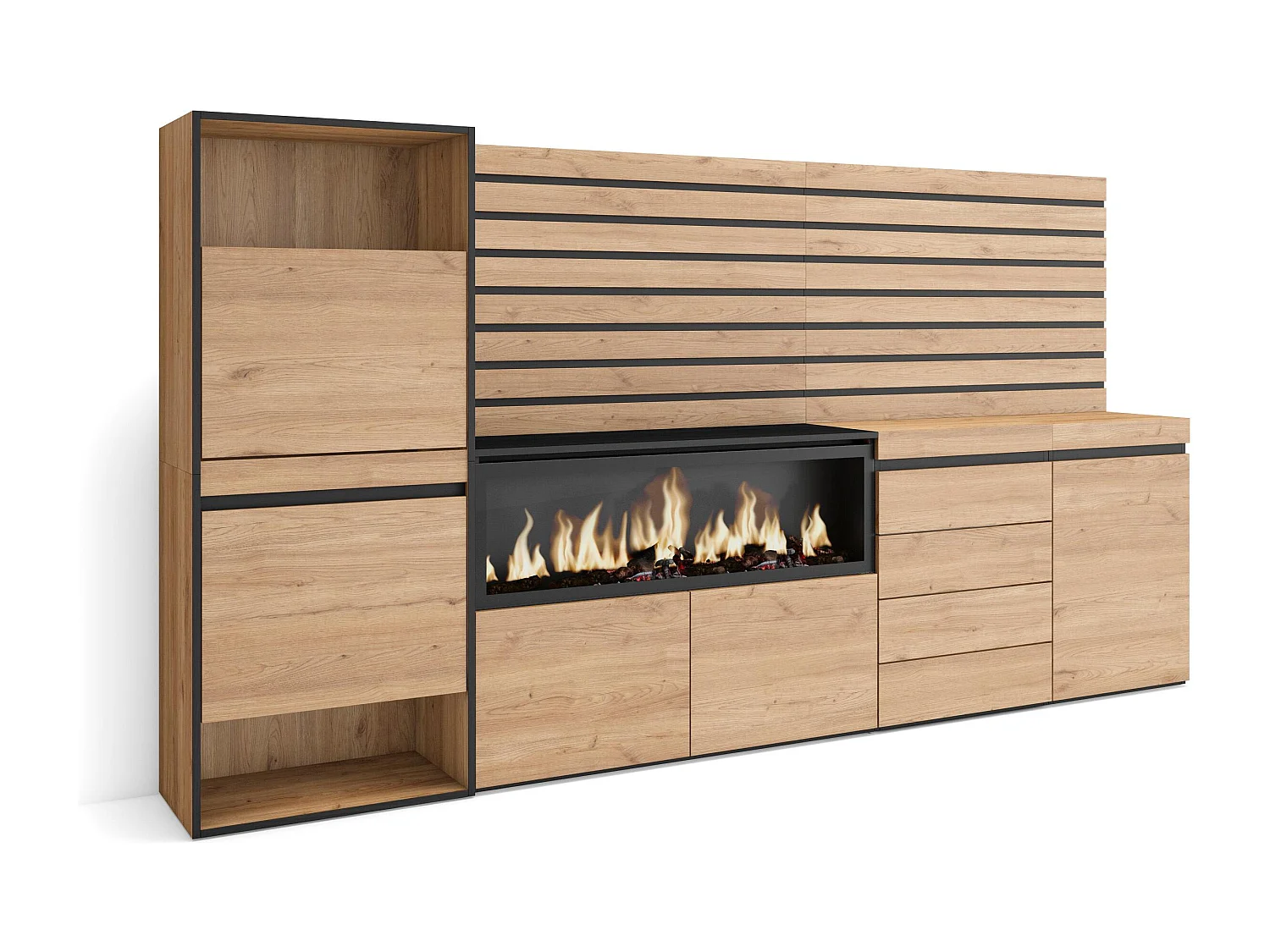 Meuble à Chaussures, 274x35x145cm, Chambre à coucher, pièce, Cheminée électrique XXL, Commode, Buffet, Panneaux Muraux en Bois, Chêne