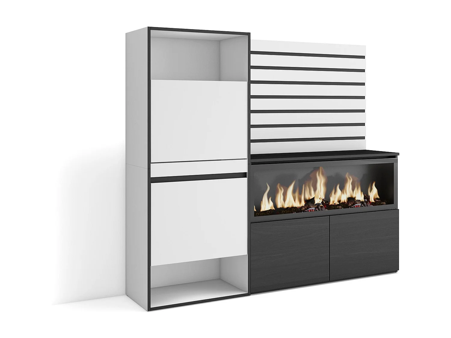 Meuble à Chaussures, 167x35x145 cm, Chambre à coucher, pièce, Cheminée électrique XXL, Panneaux Muraux en Bois, Blanc