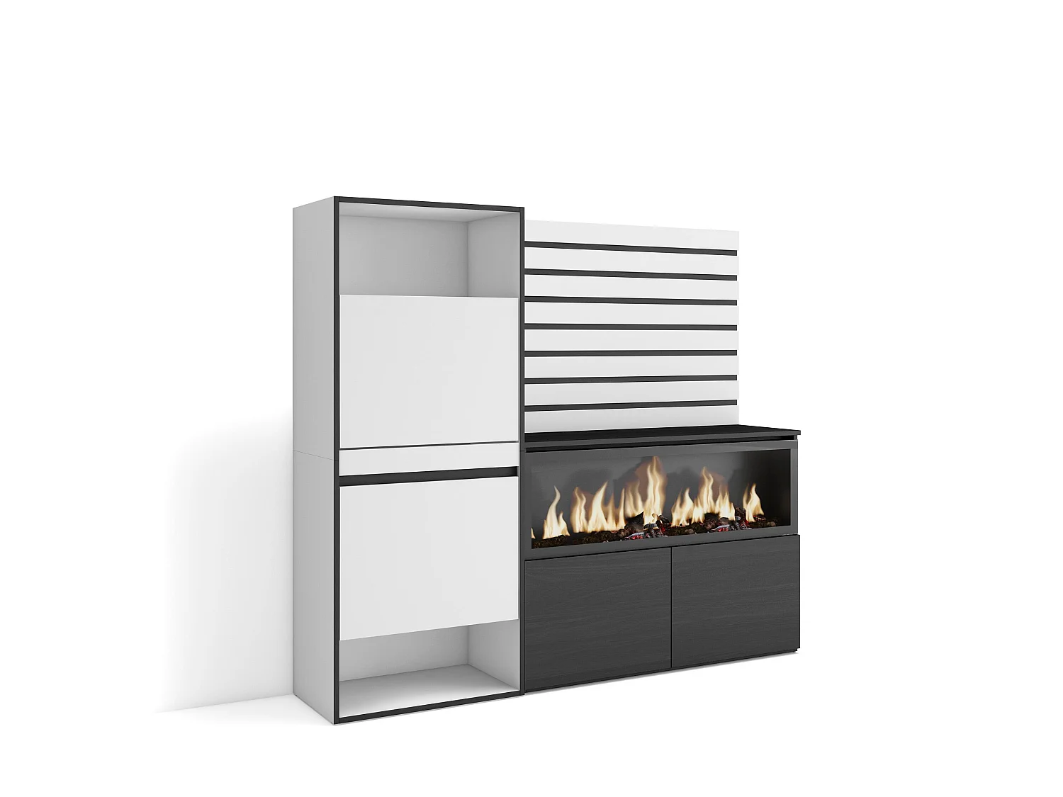 Zapatero, 167x35x145cm, Dormitorio, habitación, Chimenea eléctrica XXL, Listones Decorativos, Blanco